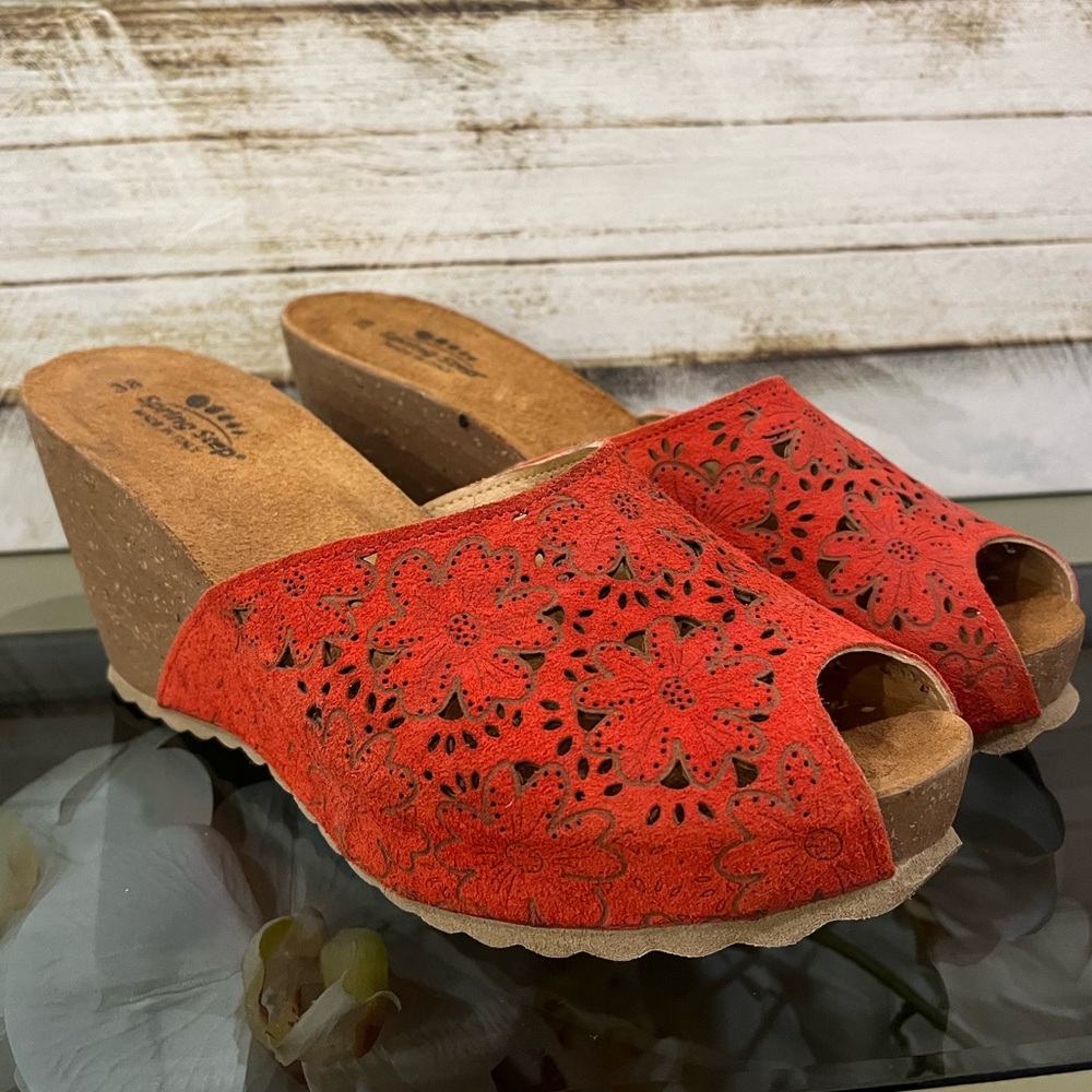 Spring Step Slides Red Leather Floral Wedge Sandals Made in Italy Size 38